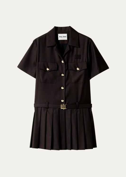 Short-Sleeve Pleated Mini Shirtdress With Belt