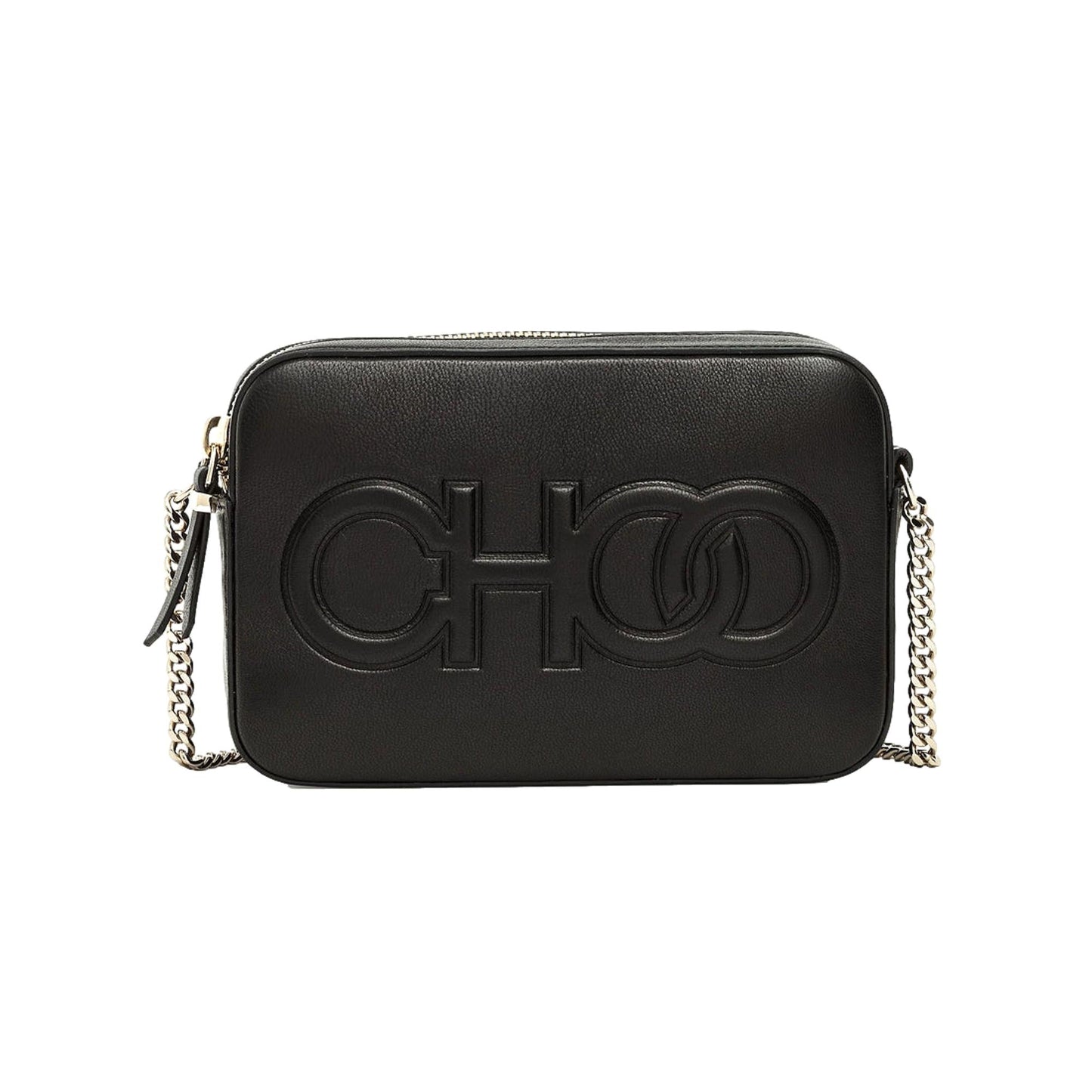 Jimmy Choo Balti Camera Crossbody Bag Black Embossed Leather Chain Strap