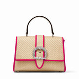 Jimmy Choo Cheri Medium Raffia Top Handle Bag Pink Crystal Buckle