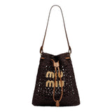 Miu Miu Woven Raffia Mini Bucket Bag in Chocolate Brown