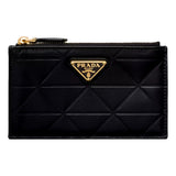 Prada Black Soft Calfskin Leather Gold Triangle Logo Embossed Zipper Card Case Wallet