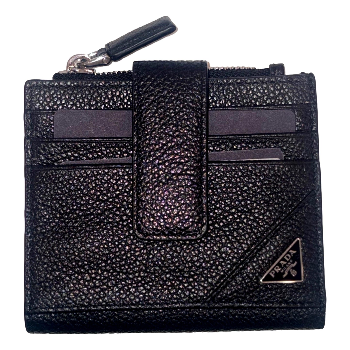 Prada Black Vitello Grain Leather Card Case Bifold Wallet with Zipper Coin Pouch