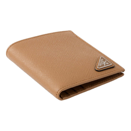 Prada Caramel Saffiano Leather Silver Triangle Logo Bifold Card Holder Wallet