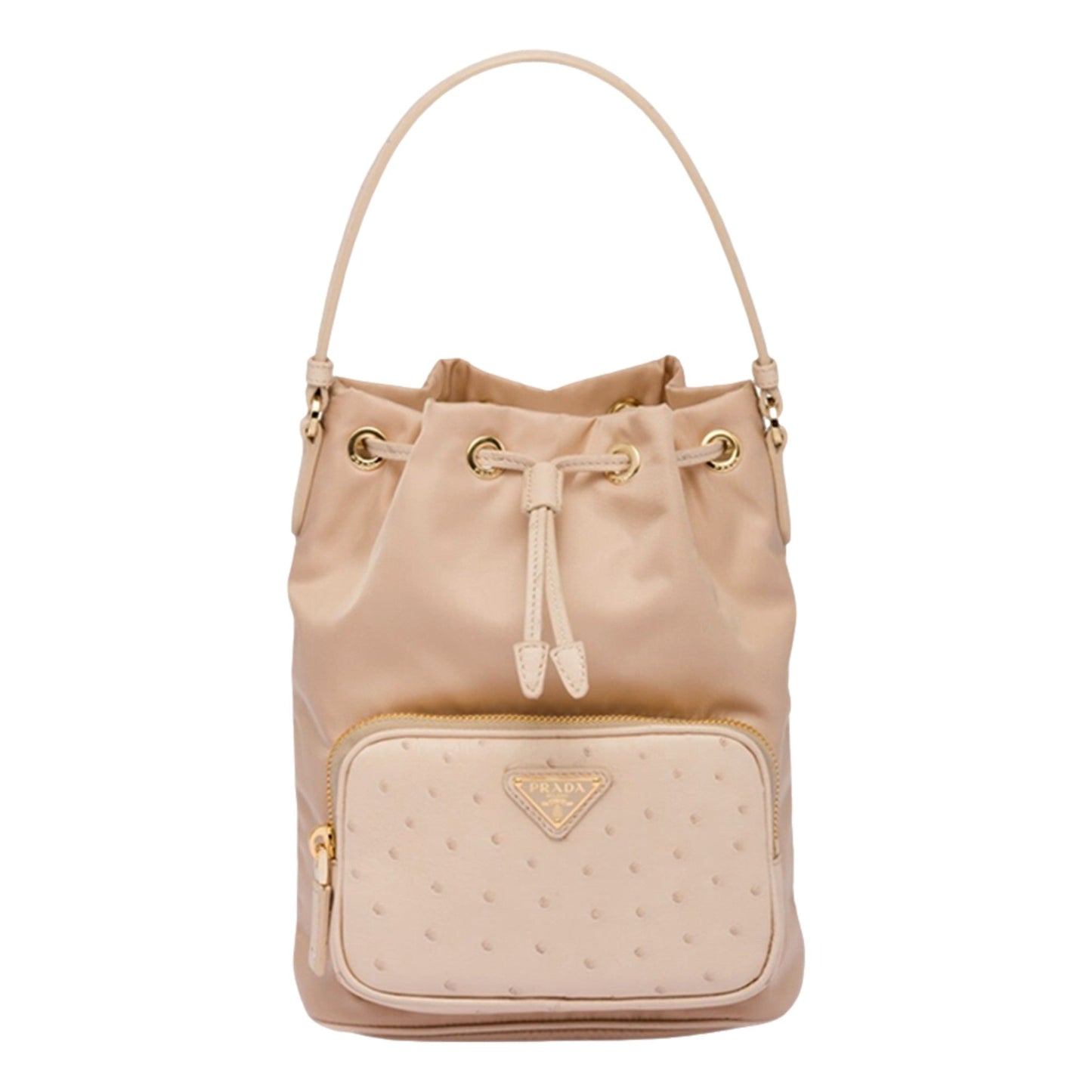 Prada Duet Tessuto Nylon Ostrich Leather Cammeo Beige Bucket Bag