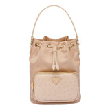 Prada Duet Tessuto Nylon Ostrich Leather Cammeo Beige Bucket Bag