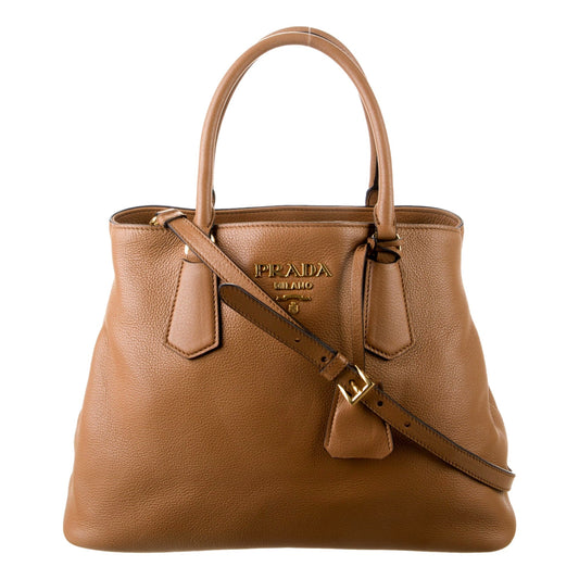 Prada Galleria Vitello Phenix Leather Shopper Tote Handbag Caramel Brown