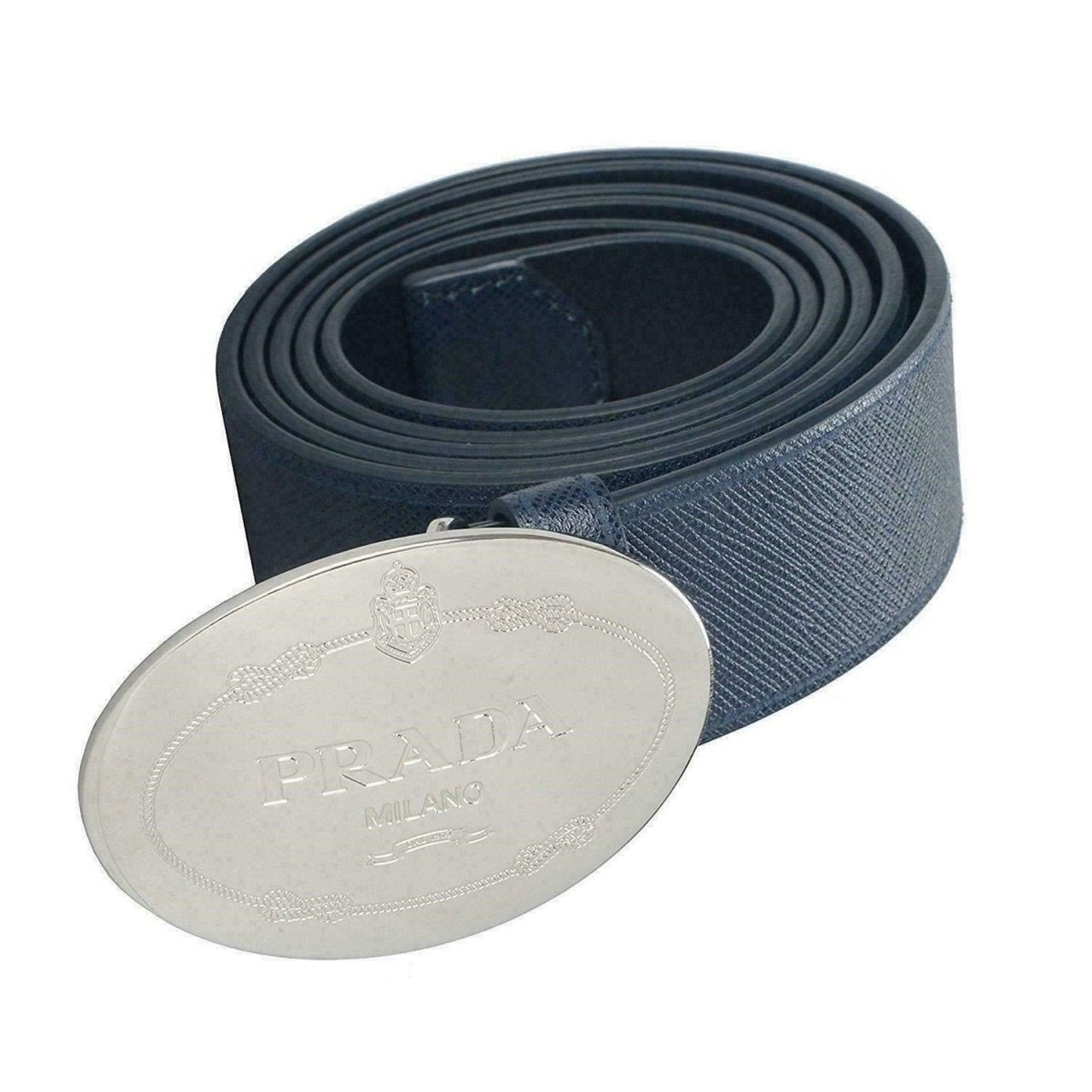 Prada Mens Navy Saffiano Leather Belt  Silver Oval Buckle Belt Size 90/36