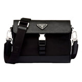 Prada Nero Black Re-Nylon Saffiano Silver Triangle Logo Messenger Crossbody Bag