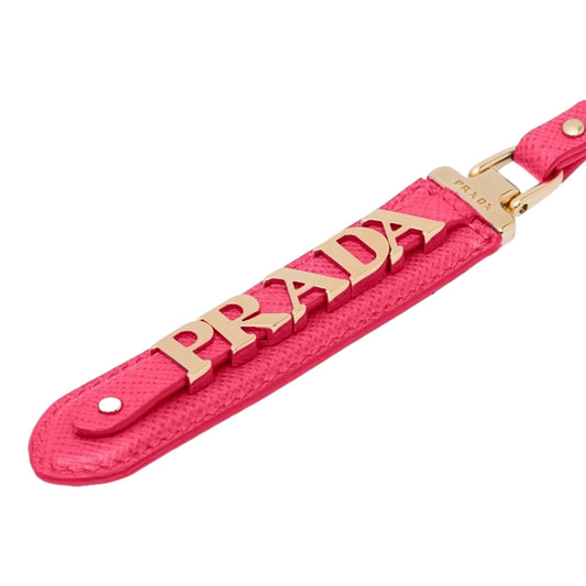 Prada Saffiano Leather Clip Keychain Peony Pink Gold Logo Lettering