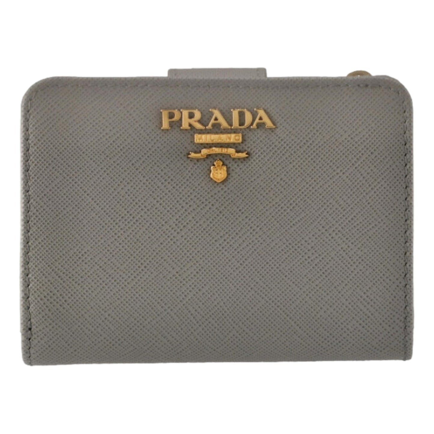 Prada Vitello Grain Argilla Grey Leather Small Wallet with Zipper Gold Plaque Logo