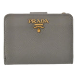 Prada Vitello Grain Argilla Grey Leather Small Wallet with Zipper Gold Plaque Logo