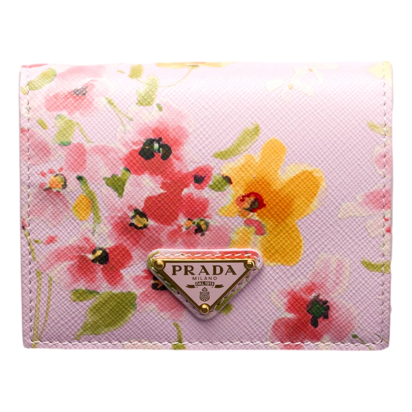 Prada Saffiano Leather Floral Bifold Wallet In Light Pink