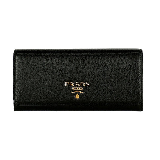 Prada Vitello Grain Nero Black Leather Continental Long Wallet Zipper Pouch