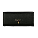 Prada Vitello Grain Nero Black Leather Continental Long Wallet Zipper Pouch