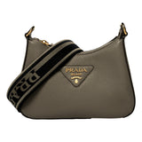 Prada Vitello Leather Argilla Gray Web Strap Crossbody Bag
