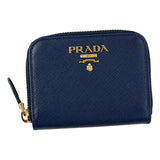 Prada Womens Zippy Coin Purse Wallet Saffiano Leather Bluette Blue Gold Logo