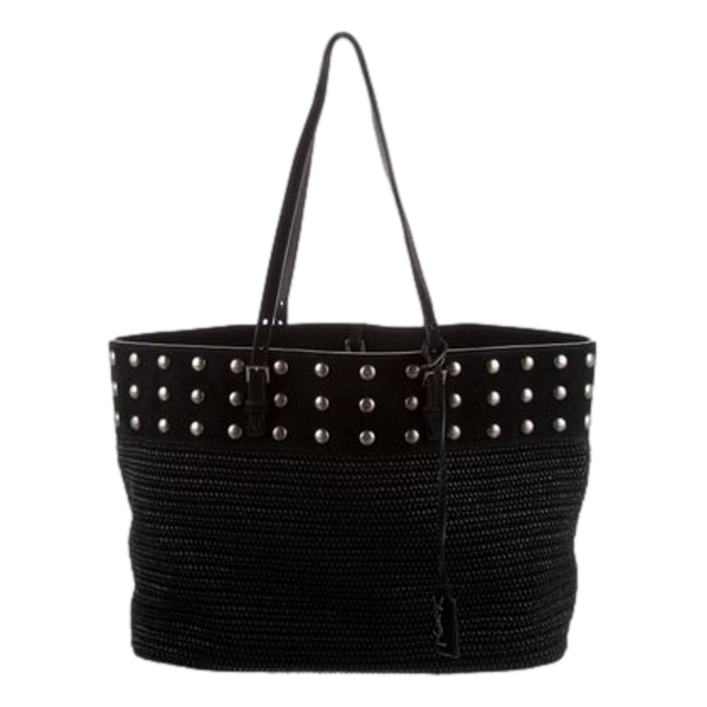 Saint Laurent Bouclé Studded Raffia & Suede Shopping Tote Black