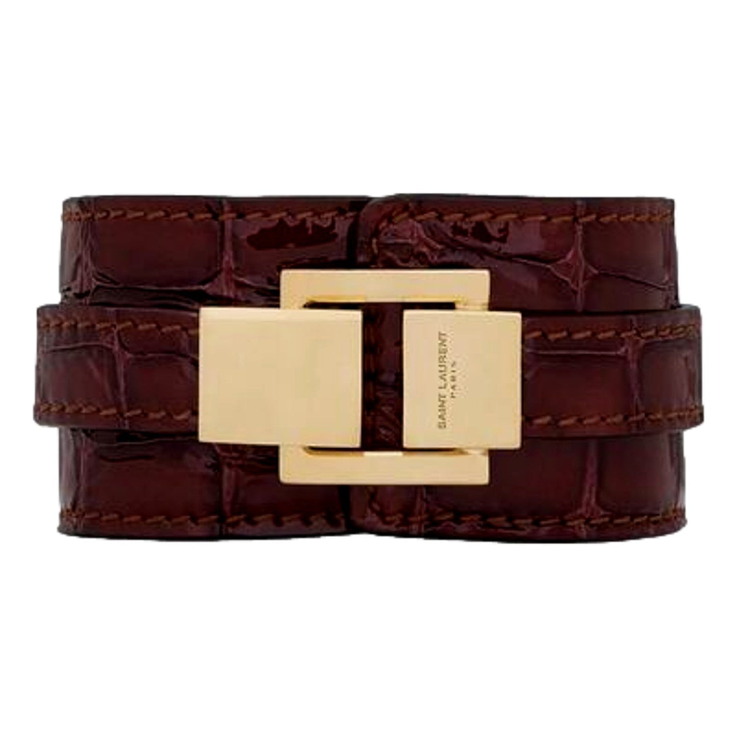 Saint Laurent Le Carre Red Croc-Embossed Leather Double Wrap Bracelet Gold YSL Medium