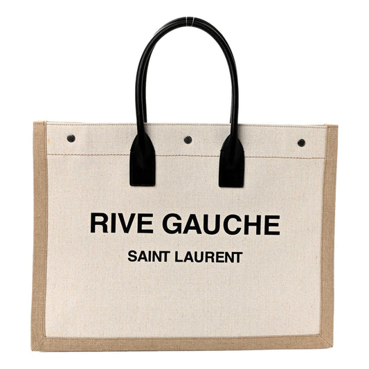 Saint Laurent Rive Gauche Large Tote in Natural Beige Canvas with Black Top Handles