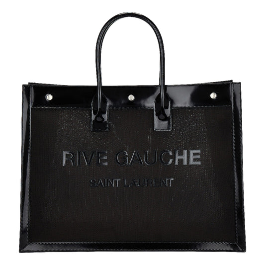 Saint Laurent Rive Gauche Large Tote Bag Black Nylon Leather Trim Silver Hardware