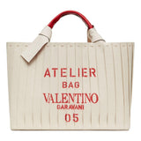 Valentino Garavani 05 Plissé Edition Sac Atelier Large Canvas Tote Bag Beige Red Trim