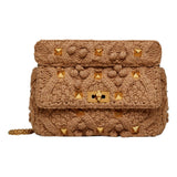 Valentino Garavani Roman Stud Large Shoulder Bag Brown Cashmere Knit Gold Hardware