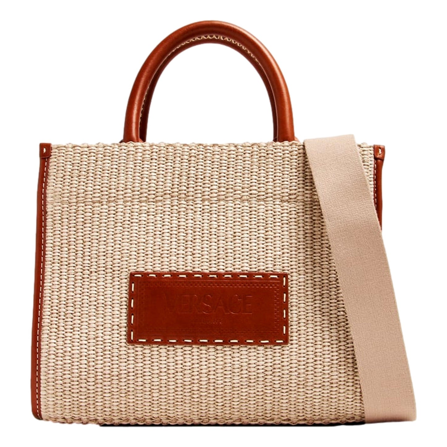 Versace Athena Raffia Small Shopper Tote Beige Leather Trim Shoulder Bag