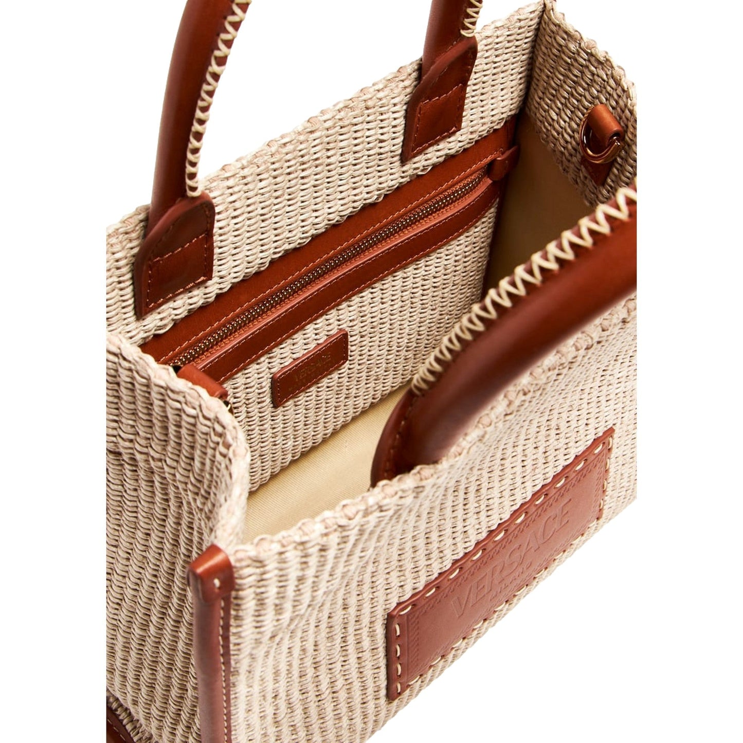 Versace Athena Raffia Leather Small Shopper Tote Beige