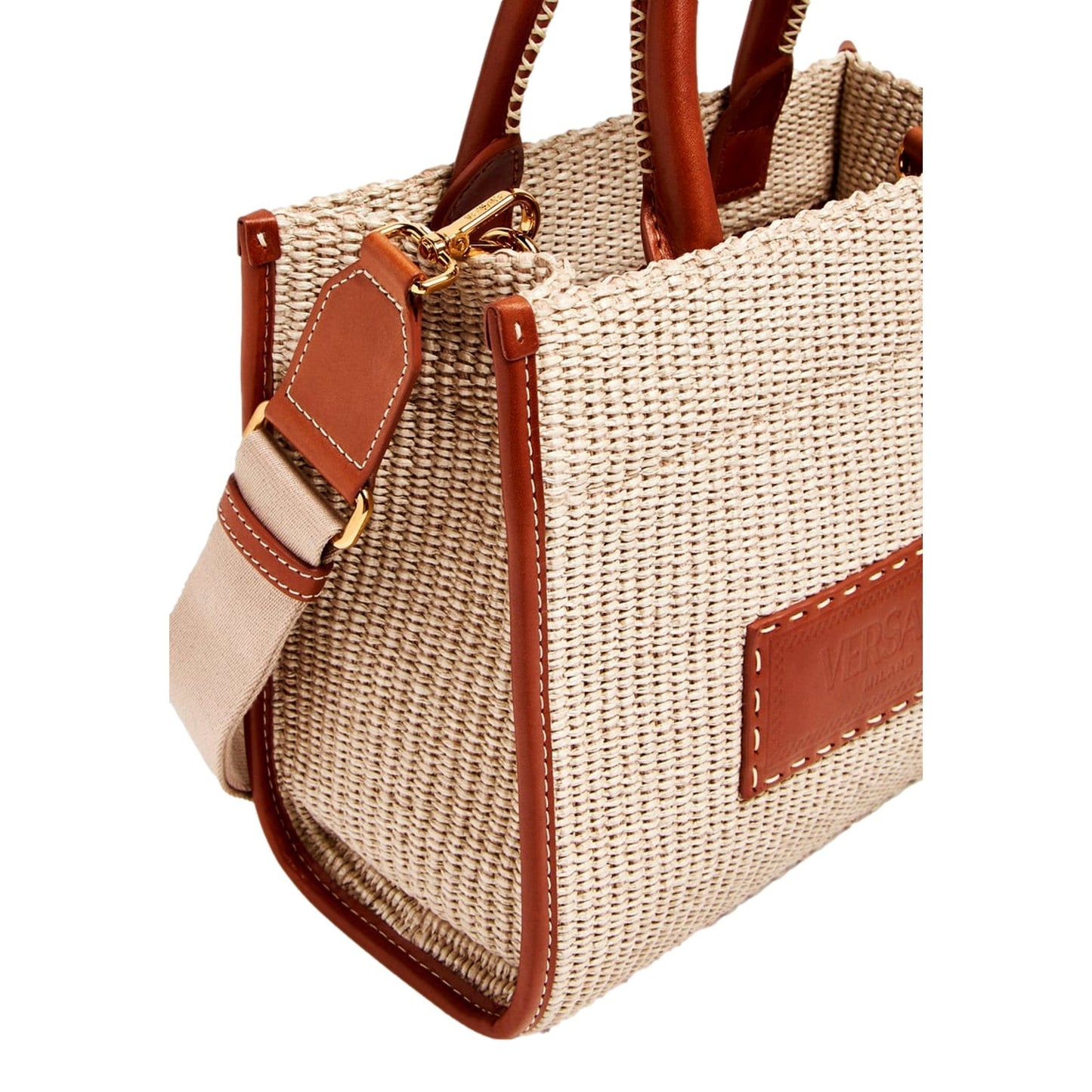 Versace Athena Raffia Leather Small Shopper Tote Beige