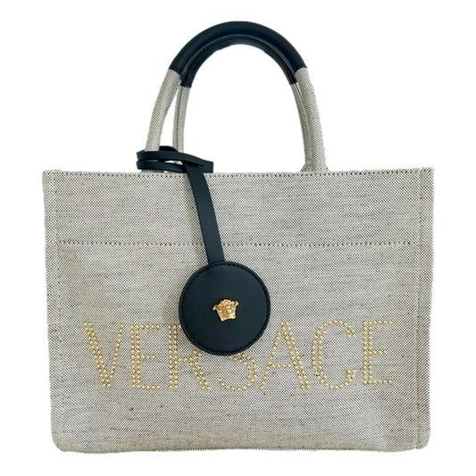 Versace Studded Logo Mini Tote Ecru Canvas Crossbody Bag Gold Hardware