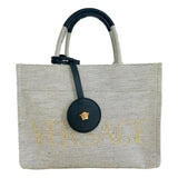 Versace Studded Logo Mini Tote Ecru Canvas Crossbody Bag Gold Hardware