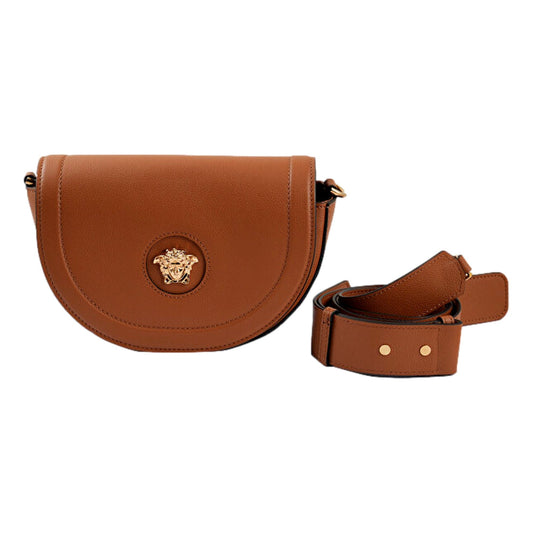 Versace La Medusa Vitello Leather Half Moon Crossbody Bag Summer Nude Gold Hardware