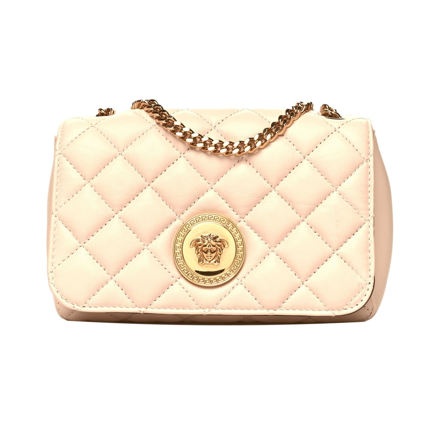 Versace La Medusa Nappa Quilted Beige Leather Small Crossbody Bag Gold Chain