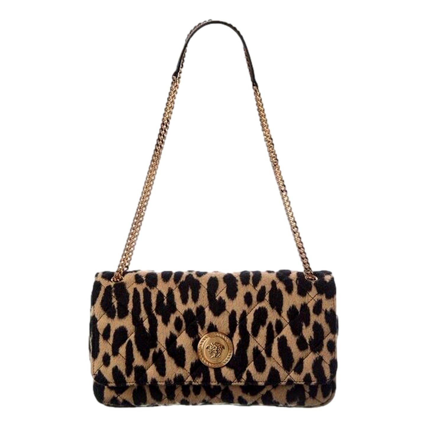 Versace Leopard Print Wool Leather Shoulder Bag Gold Medallion Chain Strap